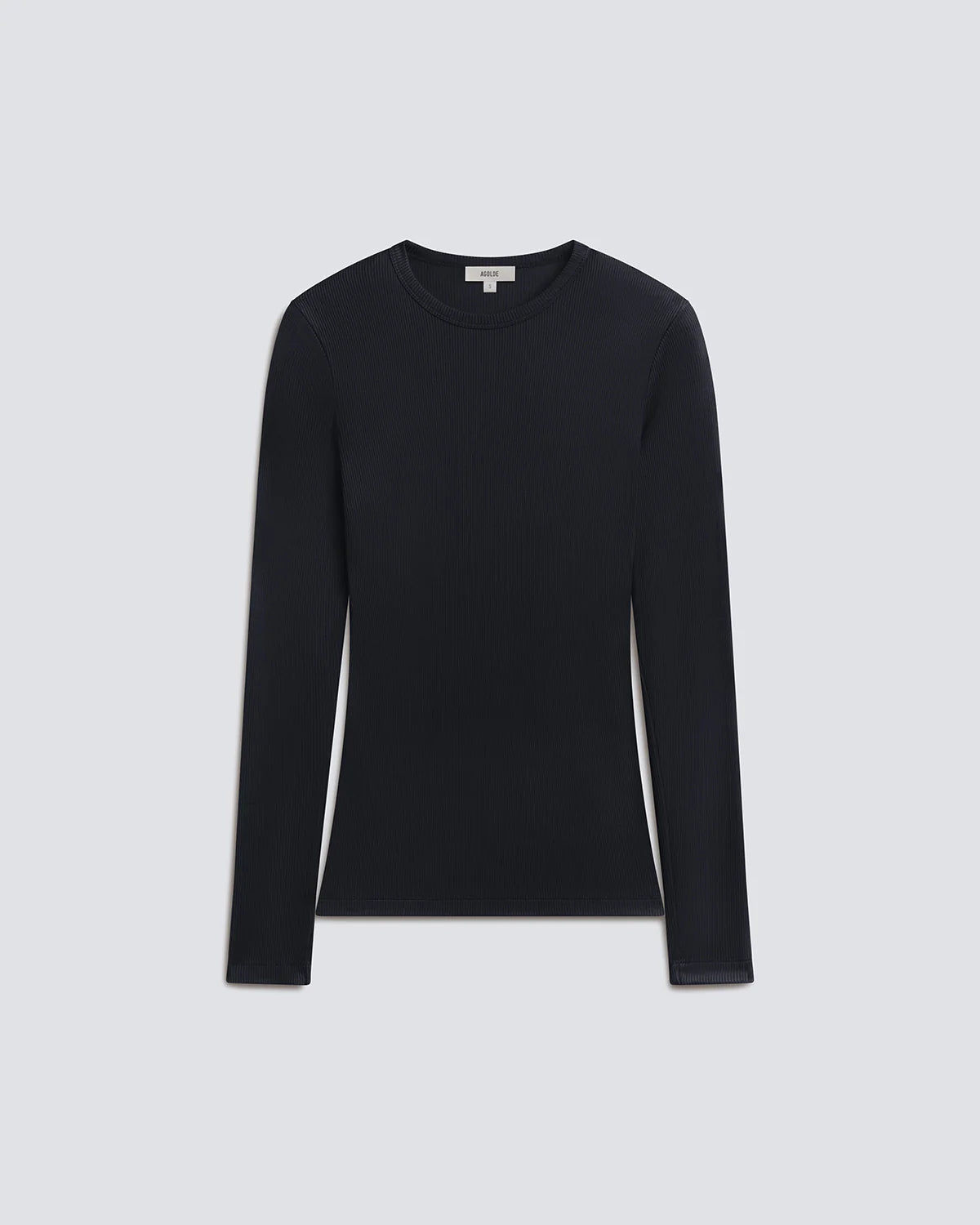 A black long-sleeve crewneck top displayed flat against a light gray background.