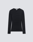 A black long-sleeve crewneck top displayed flat against a light gray background.