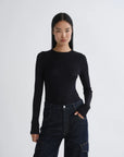 Person wearing a black long-sleeve top and dark jeans on a white background