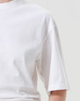 White t-shirt worn by a person on a plain background