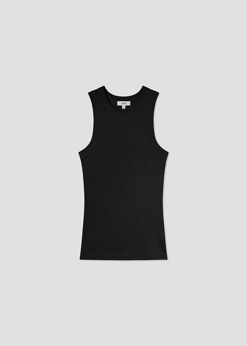 Black sleeveless top on a light gray background