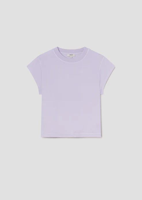 Lavender t-shirt on a light gray background
