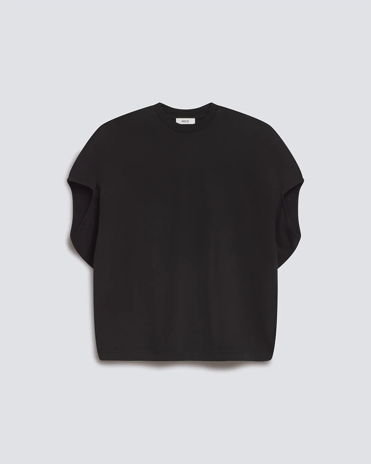A black short-sleeve crewneck knit top with a relaxed, oversized fit, displayed flat against a light gray background.