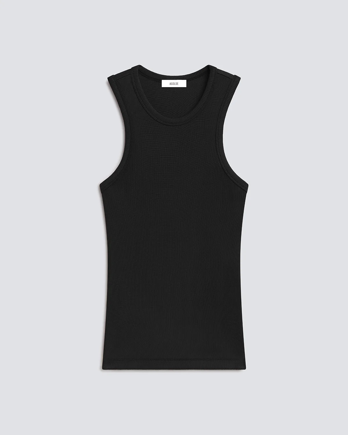 A black sleeveless ribbed tank top with a crew neck, displayed flat against a light gray background.
