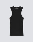 A black sleeveless ribbed tank top with a crew neck, displayed flat against a light gray background.