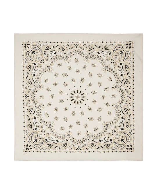 White bandana with black paisley pattern on a white background, laid flat