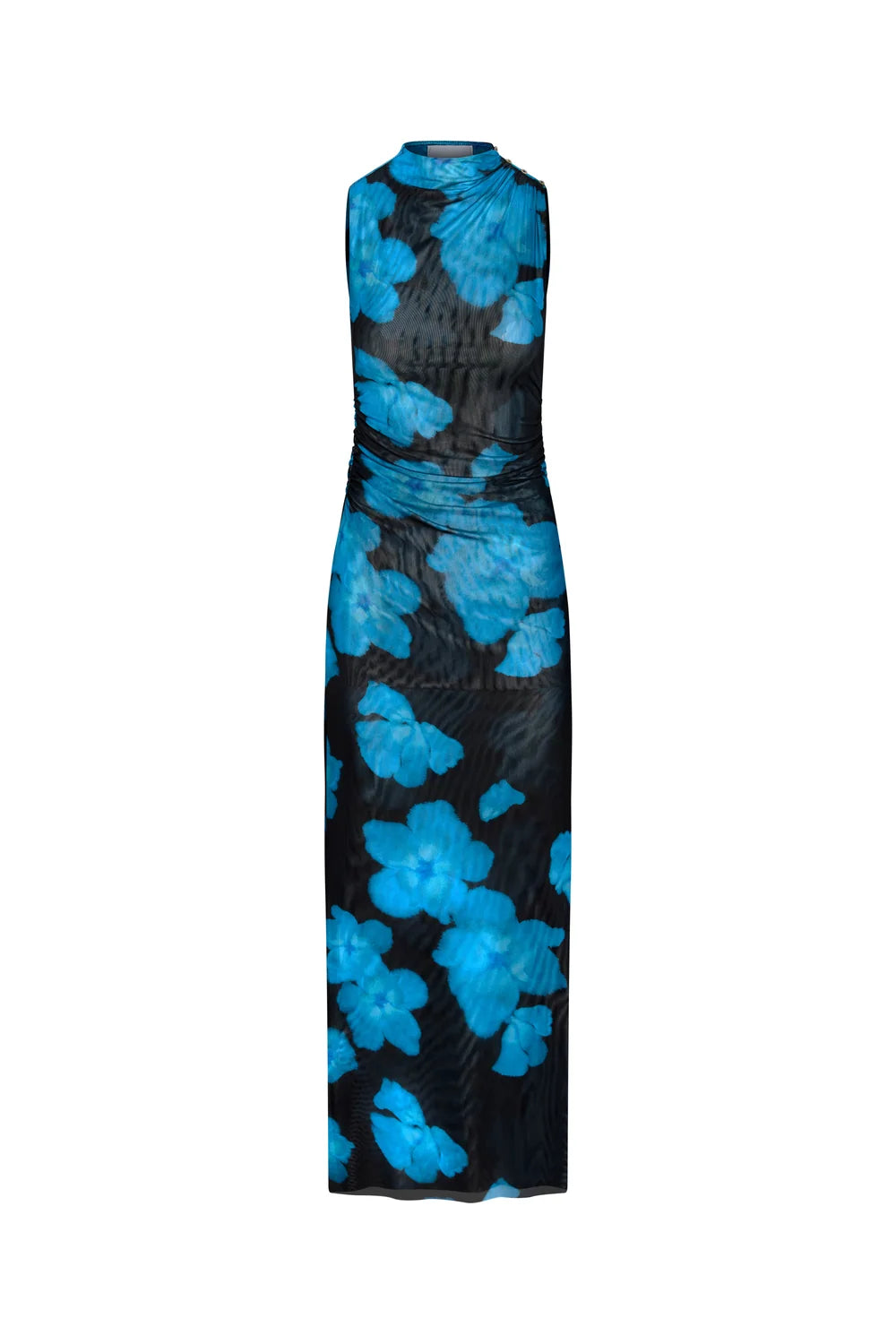 A sleeveless black midi dress with a vibrant blue floral pattern, featuring a ruched waist and a high neckline, shown against a plain white background.