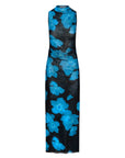 A sleeveless black midi dress with a vibrant blue floral pattern, featuring a ruched waist and a high neckline, shown against a plain white background.