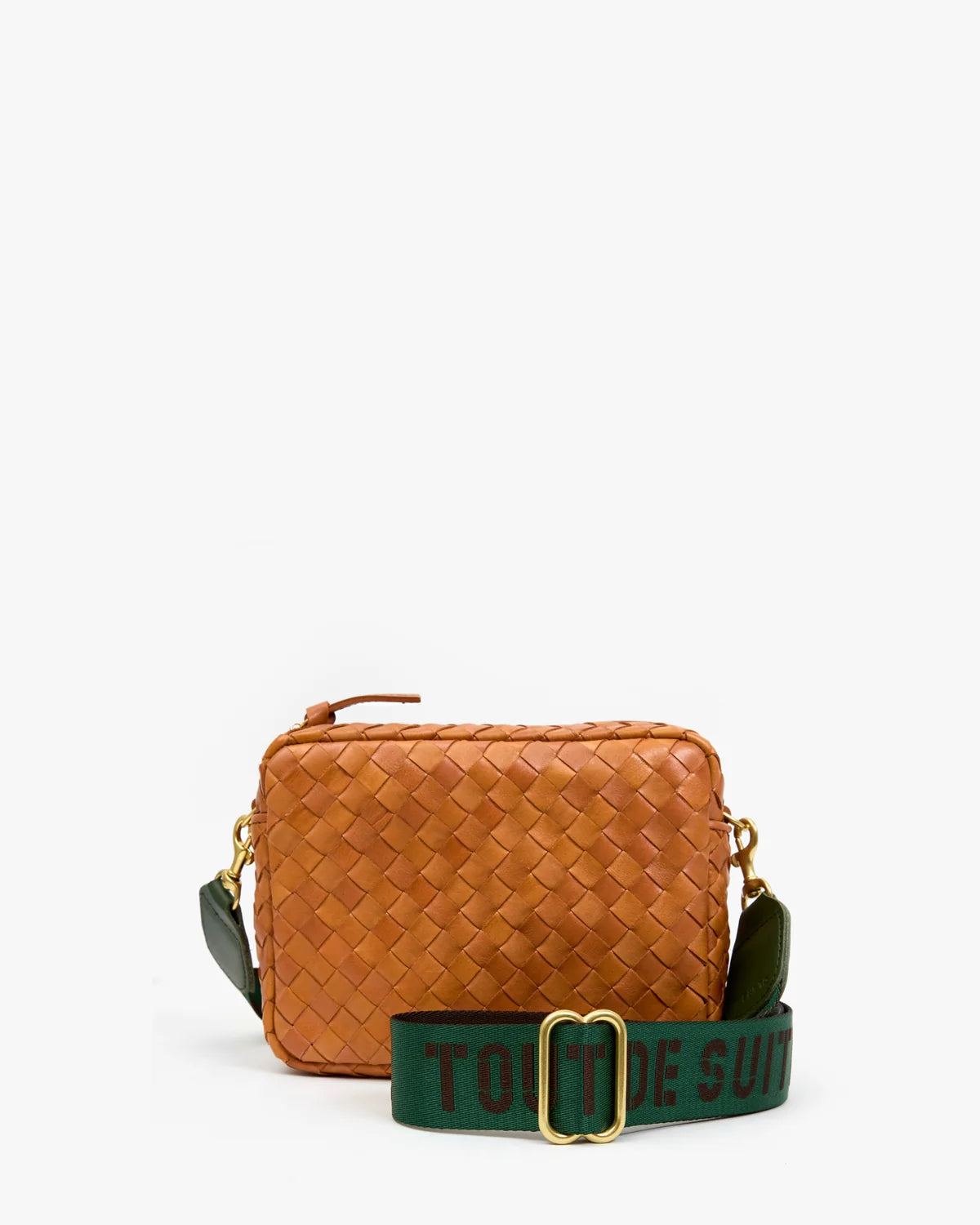 woven bag with green bag strap