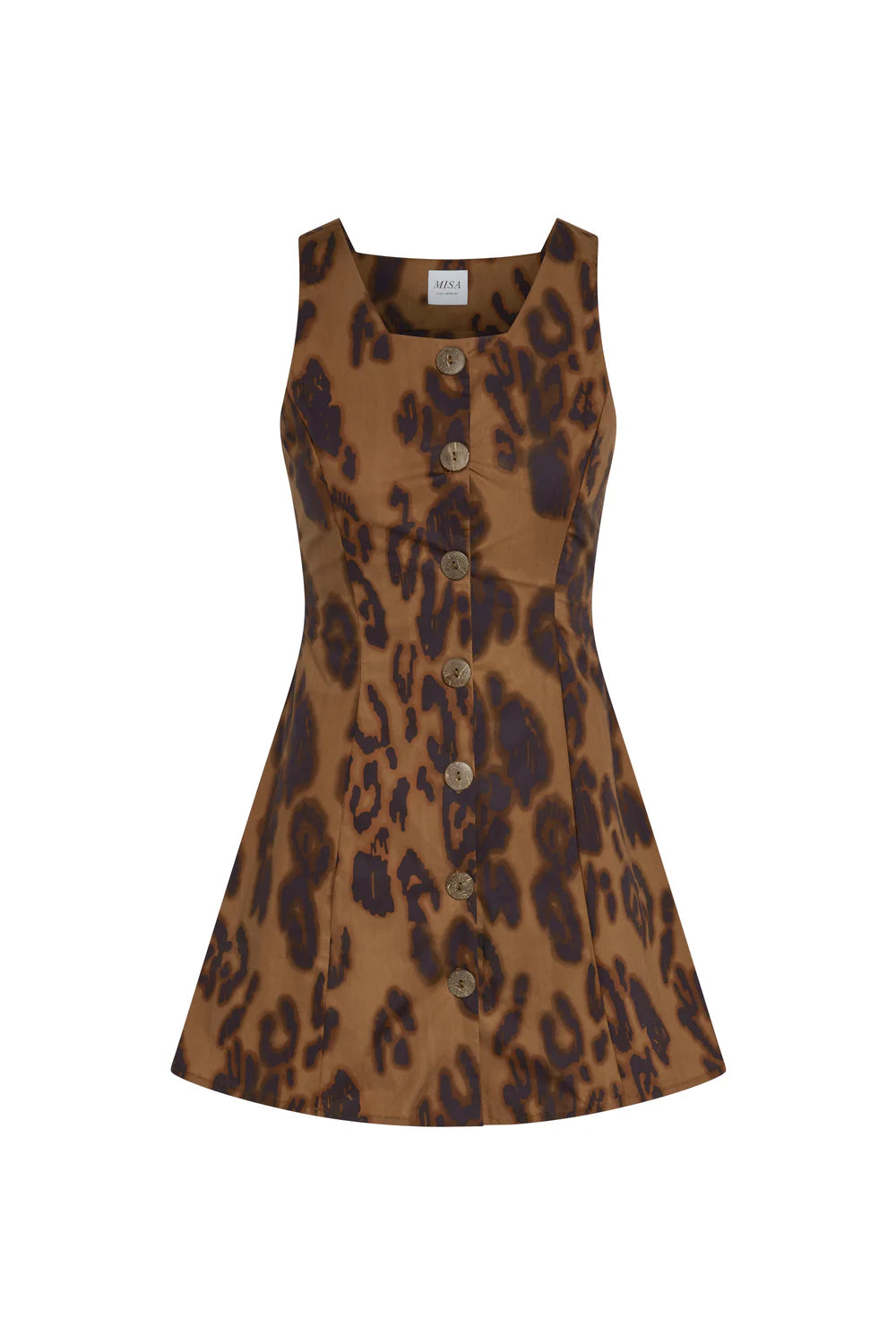 A sleeveless brown and black leopard print dress with a button-down front, displayed on a clean white background.