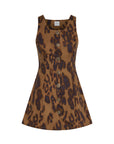 A sleeveless brown and black leopard print dress with a button-down front, displayed on a clean white background.