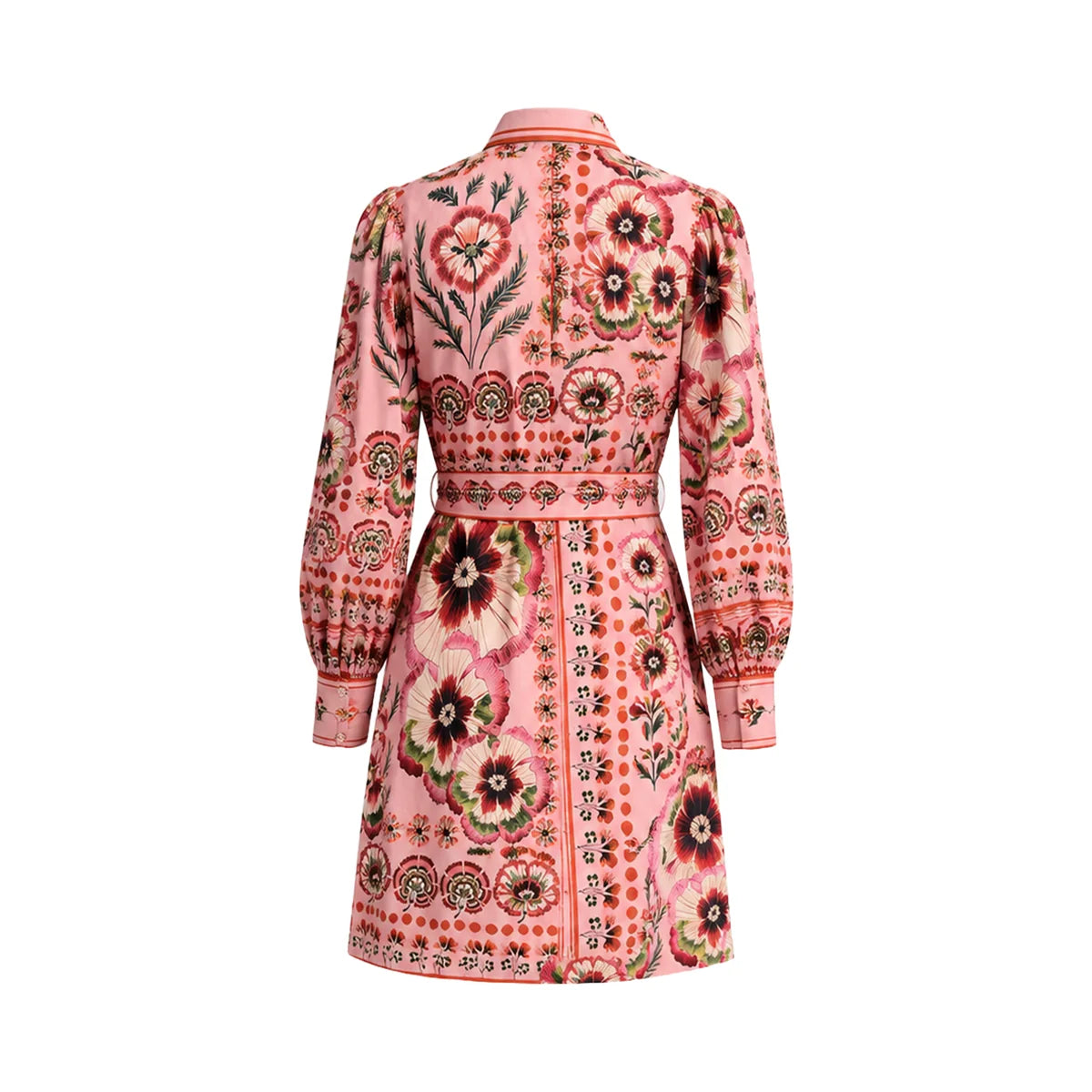 A pink long-sleeve belted coat with an intricate floral and geometric pattern, shown from the back against a plain white background.