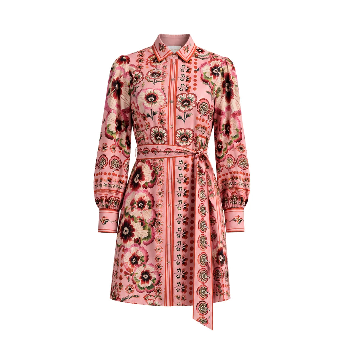 A long-sleeve collared shirt dress with a matching waist tie, featuring a vibrant pink and red floral pattern with green and brown accents, shown against a plain white background.