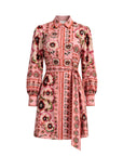 A long-sleeve collared shirt dress with a matching waist tie, featuring a vibrant pink and red floral pattern with green and brown accents, shown against a plain white background.