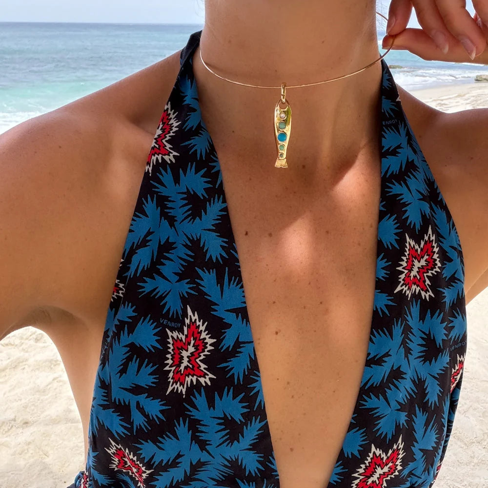 Amalfi Fish Clip Charm on model attached to choker necklace