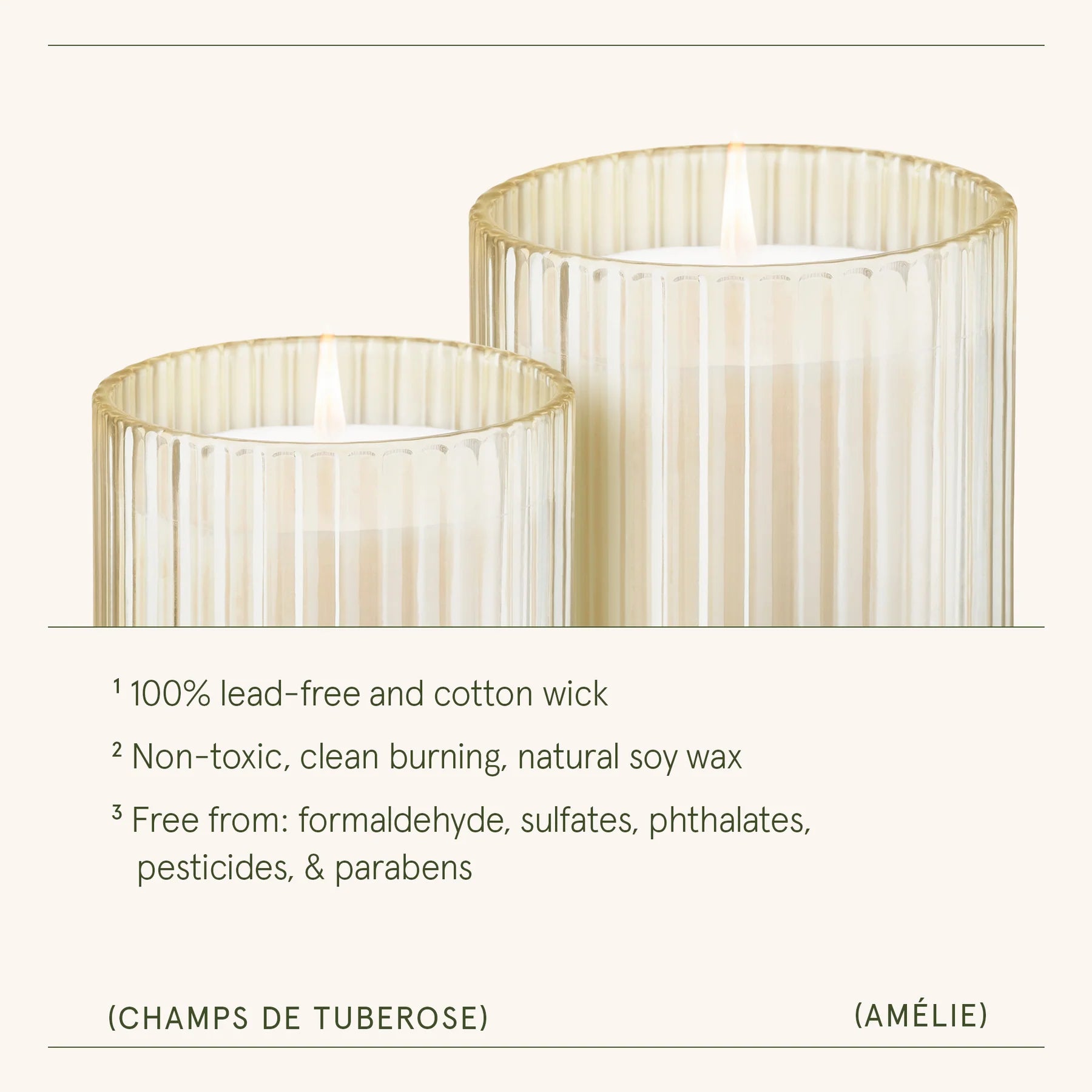 Two cylindrical candles with ribbed design on a white background, featuring product details.