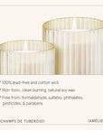 Two cylindrical candles with ribbed design on a white background, featuring product details.