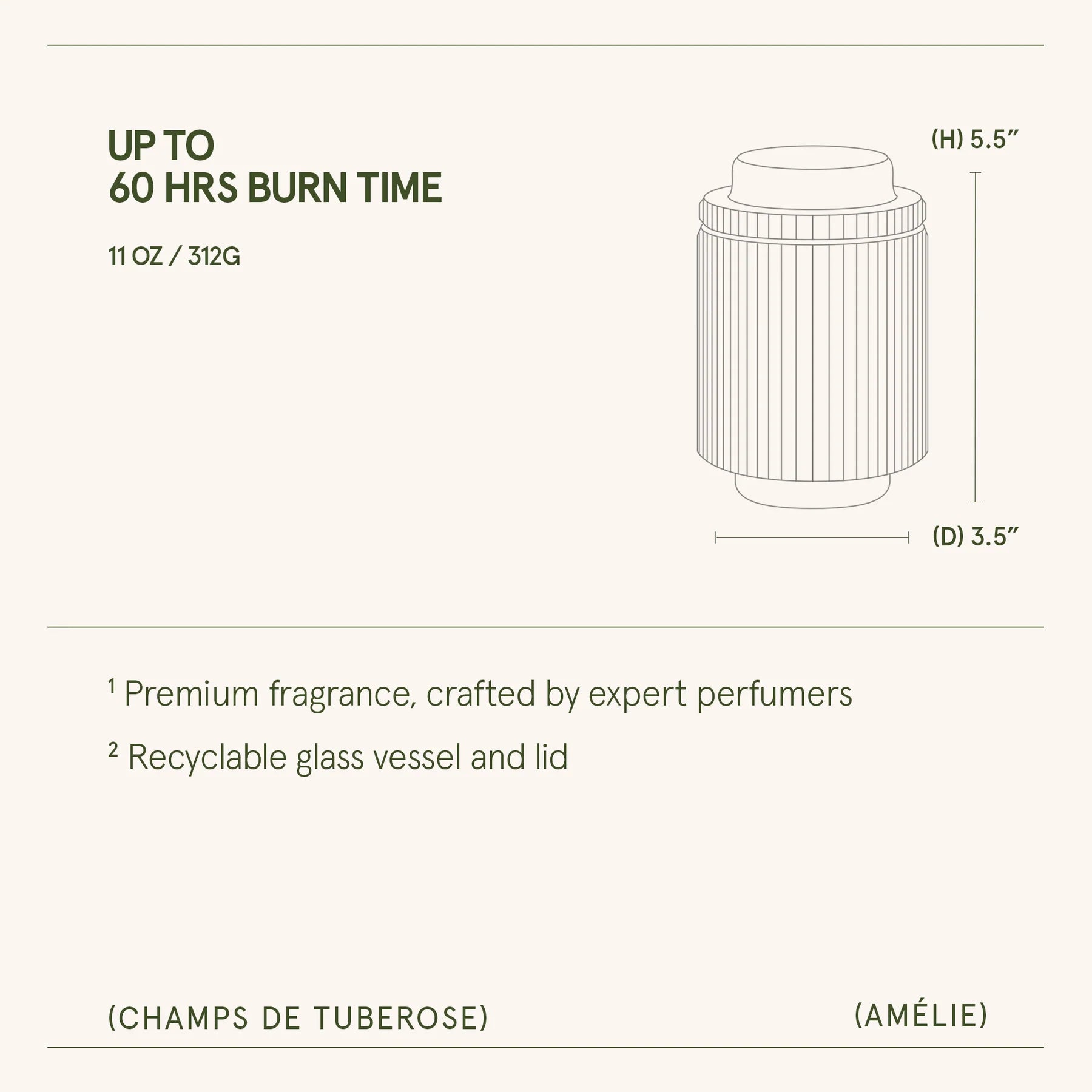 Product packaging with dimensions and features on a white background