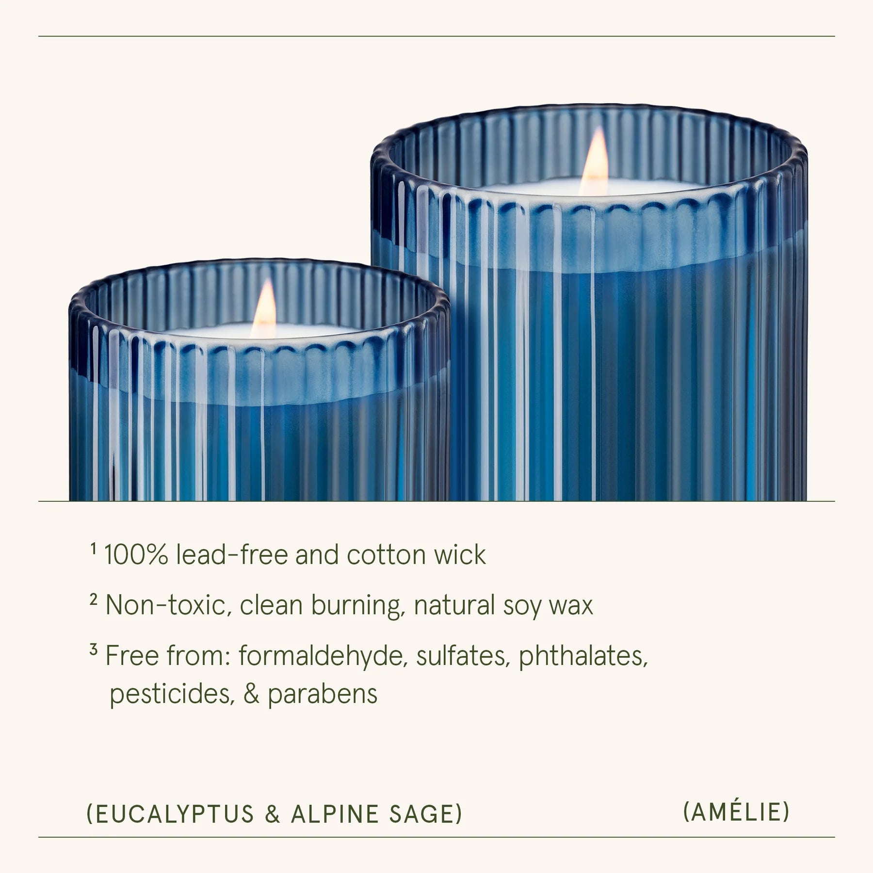 Two blue glass candles with a white background