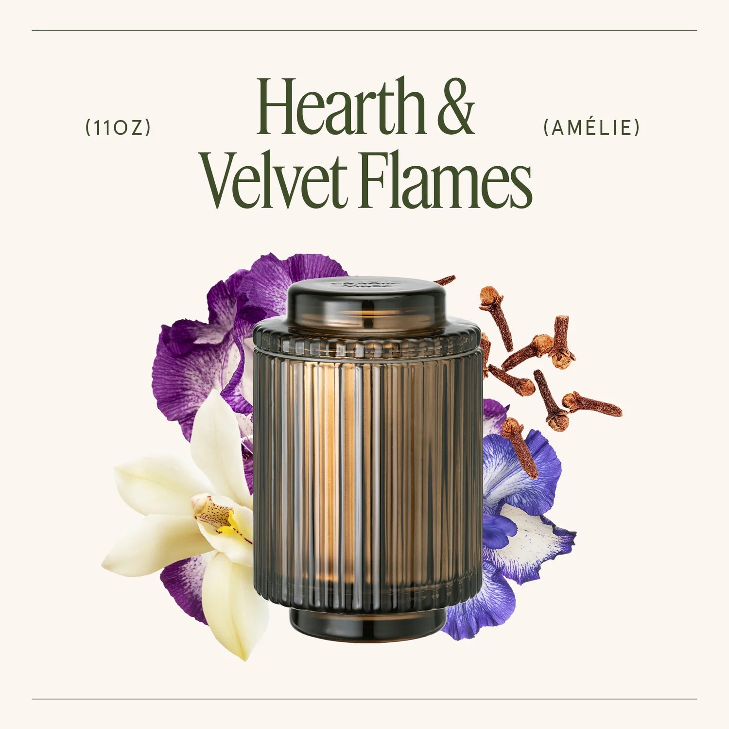 Candle with floral and spice elements on a white background, labeled 'Hearth & Velvet Flames'.