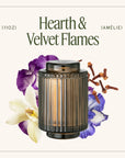 Candle with floral and spice elements on a white background, labeled 'Hearth & Velvet Flames'.