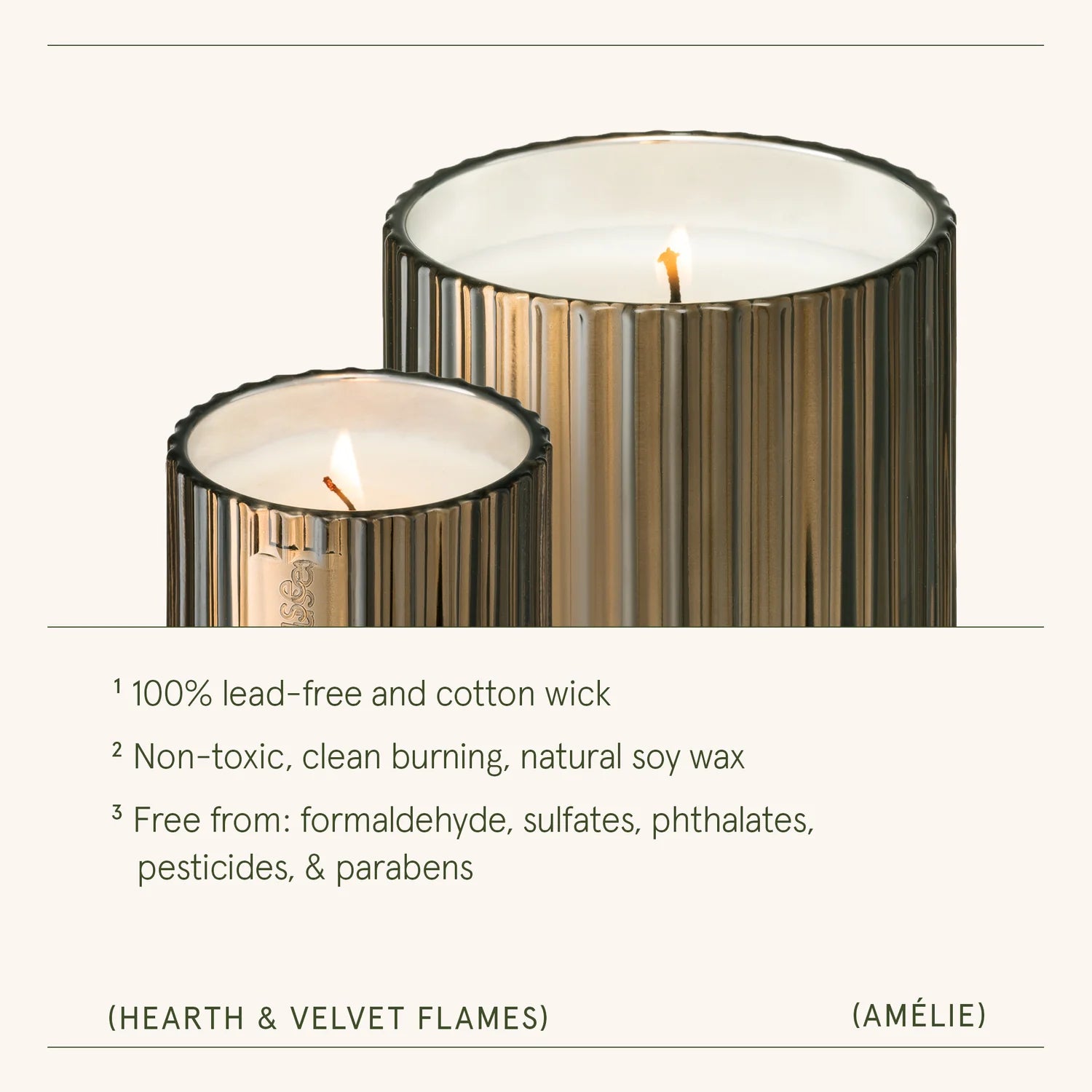 Two candles with metallic finishes on a white background, featuring text about candle properties.