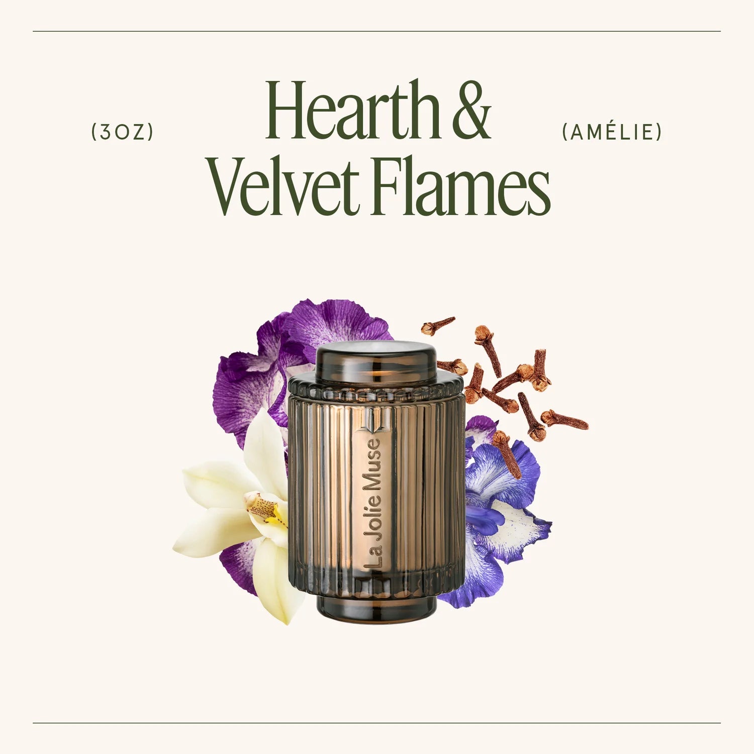 Perfume bottle labeled 'Hearth & Velvet Flames' with floral elements on a white background