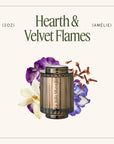 Perfume bottle labeled 'Hearth & Velvet Flames' with floral elements on a white background