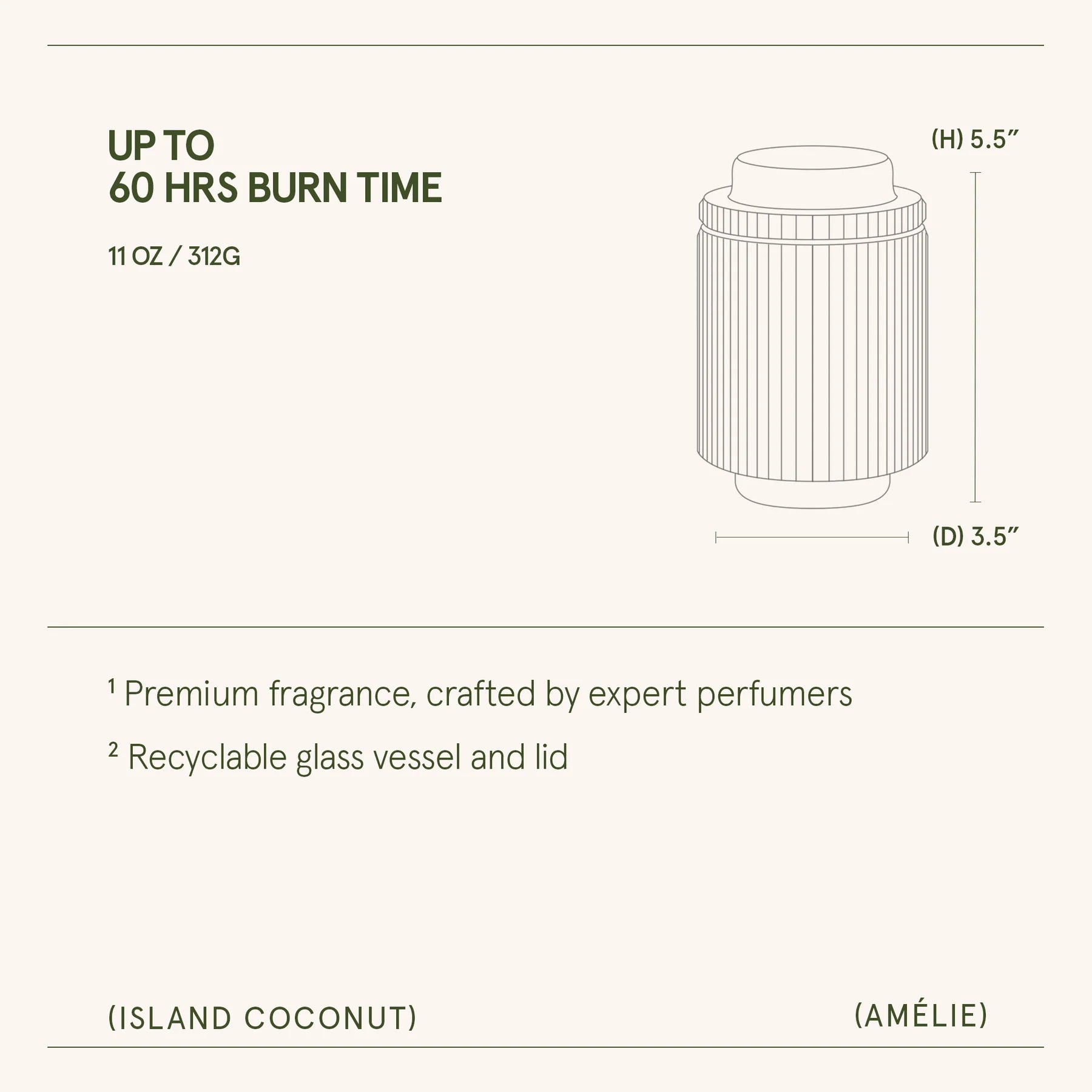 Product description card with dimensions, burn time, and features of a fragrance container.