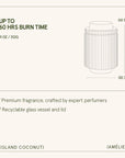 Product description card with dimensions, burn time, and features of a fragrance container.