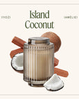 Candle labeled 'Island Coconut' with coconuts and cinnamon sticks on a white background
