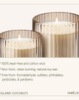Two glass candles with text about their properties on a white background