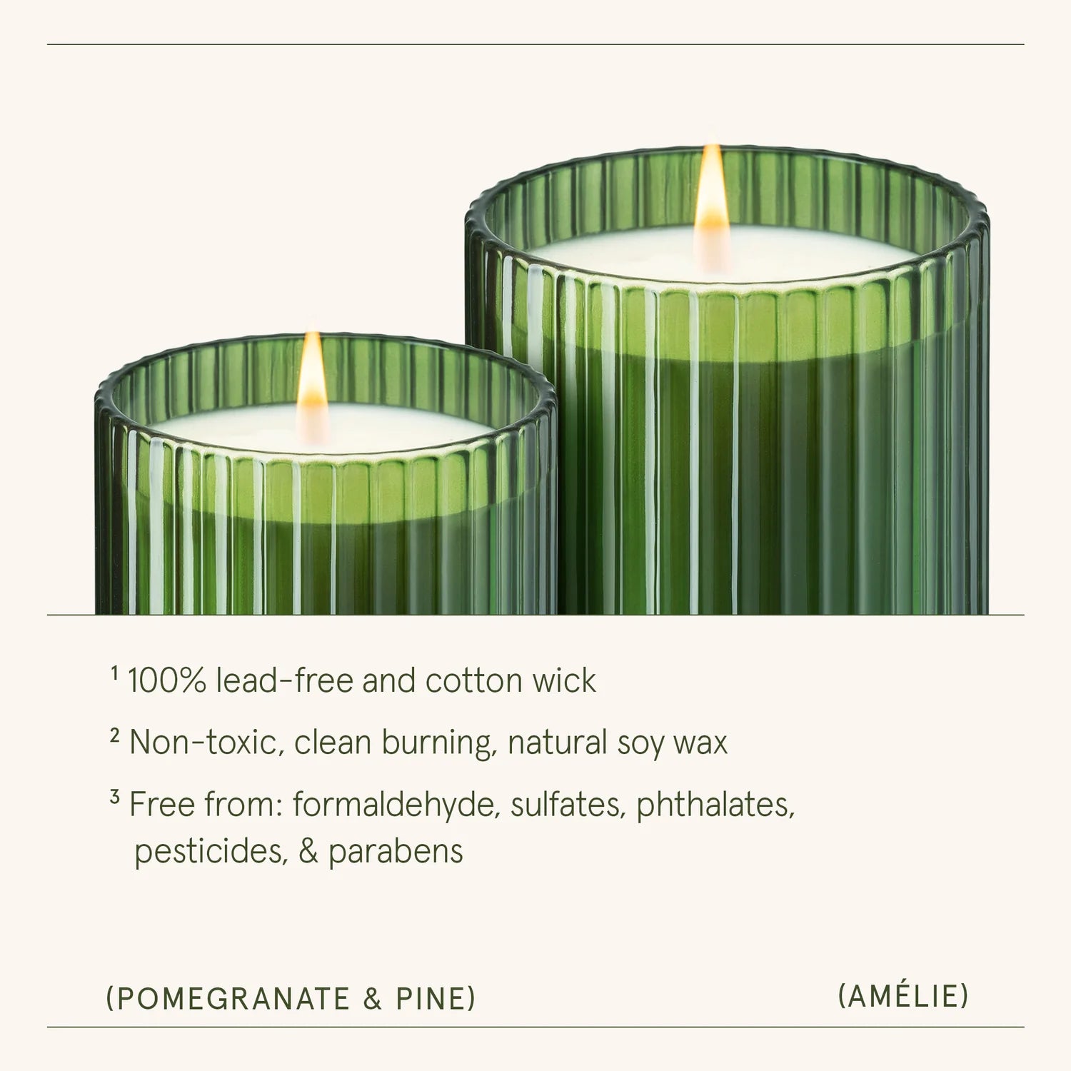 Two green candles with a white candle inside, labeled 'Pomegranate & Pine' and 'Amélie'.