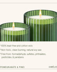 Two green candles with a white candle inside, labeled 'Pomegranate & Pine' and 'Amélie'.