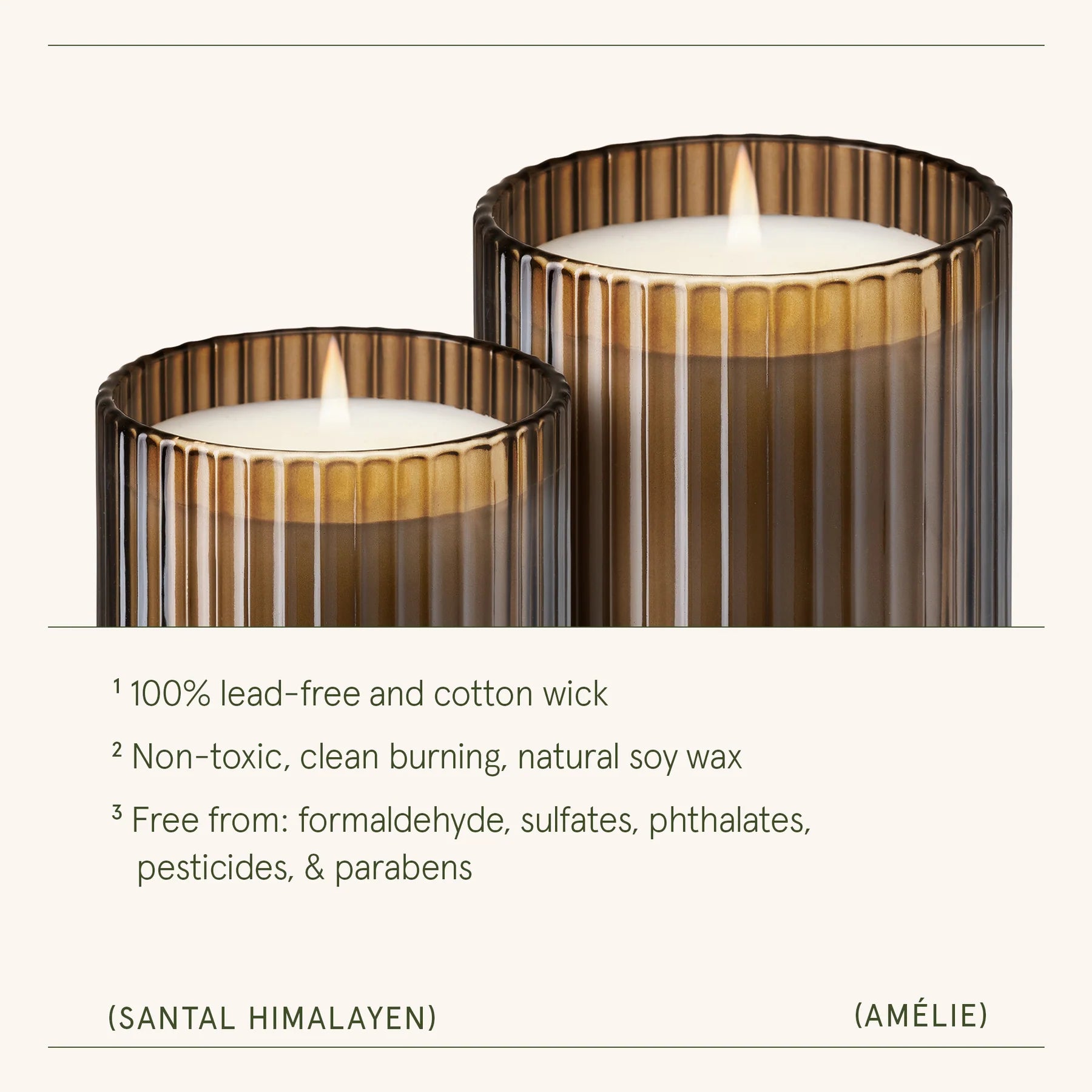 Two brown ribbed glass candles with a white candle inside on a white background.