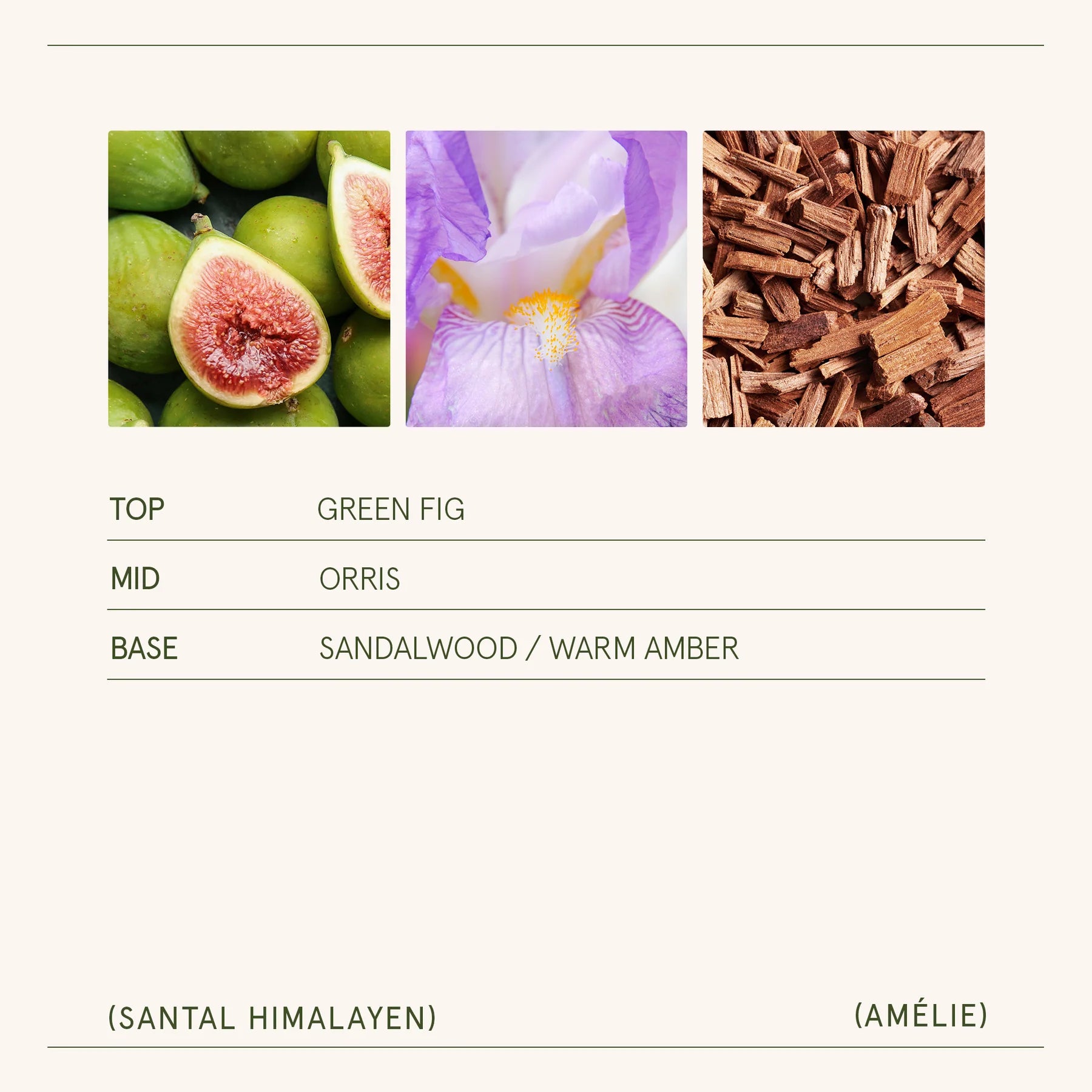 Product description card with images of green figs, a purple flower, and wood chips, along with notes on fragrance components.
