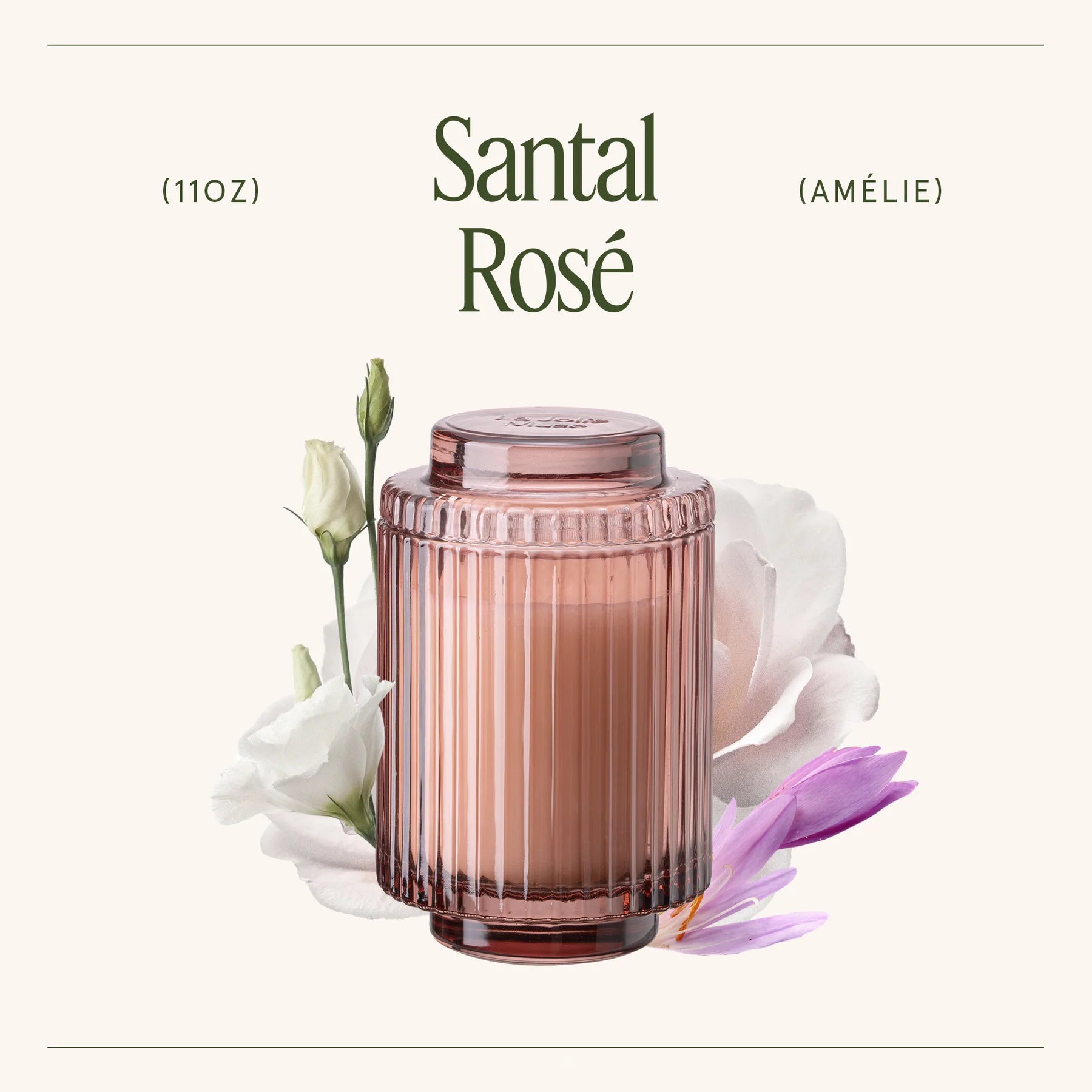 Santal Rosé candle with floral elements on a white background