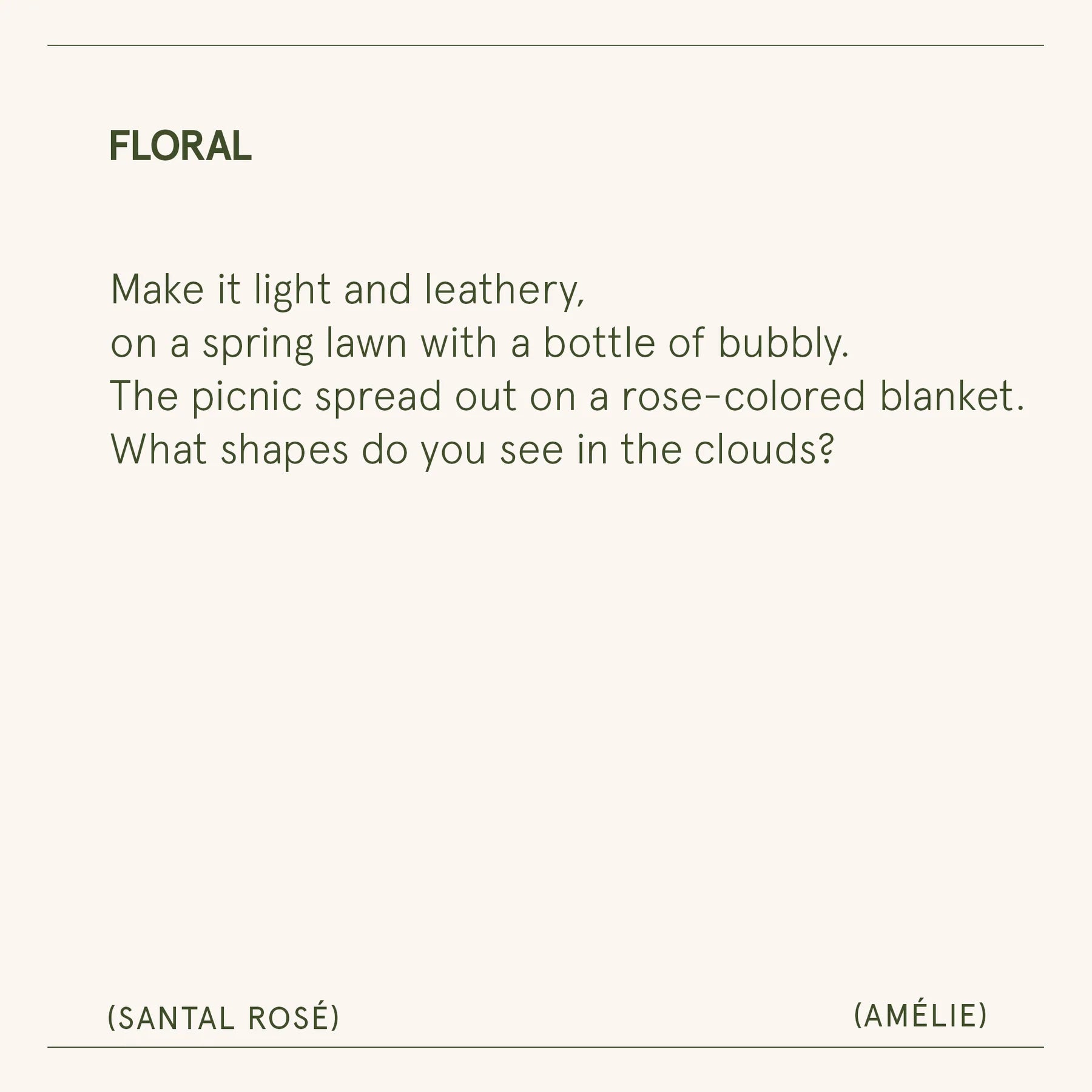 Text description of a poetic scene with flowers, a picnic, and clouds.