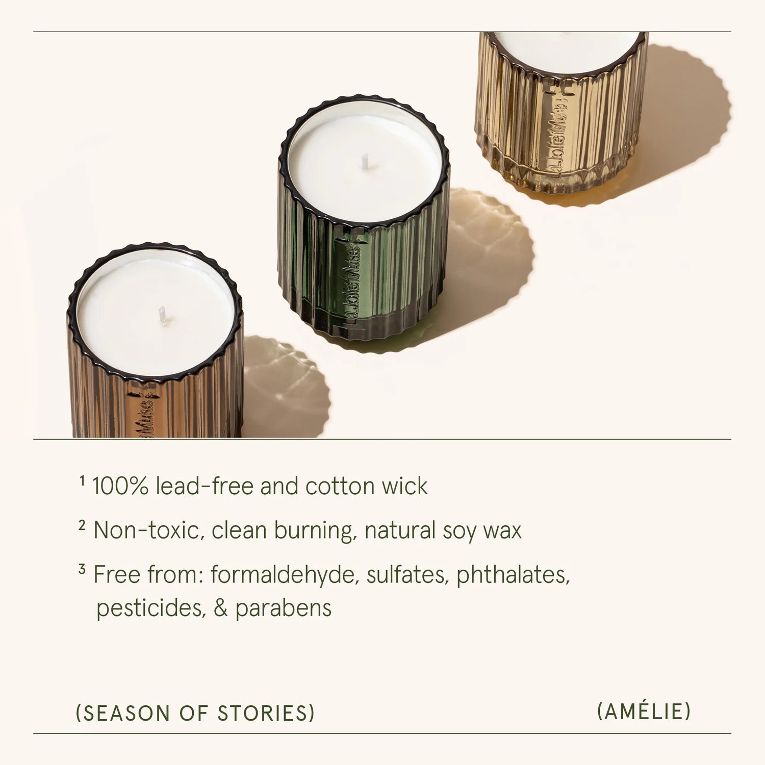 Three candles with wooden holders on a white background, featuring product details.