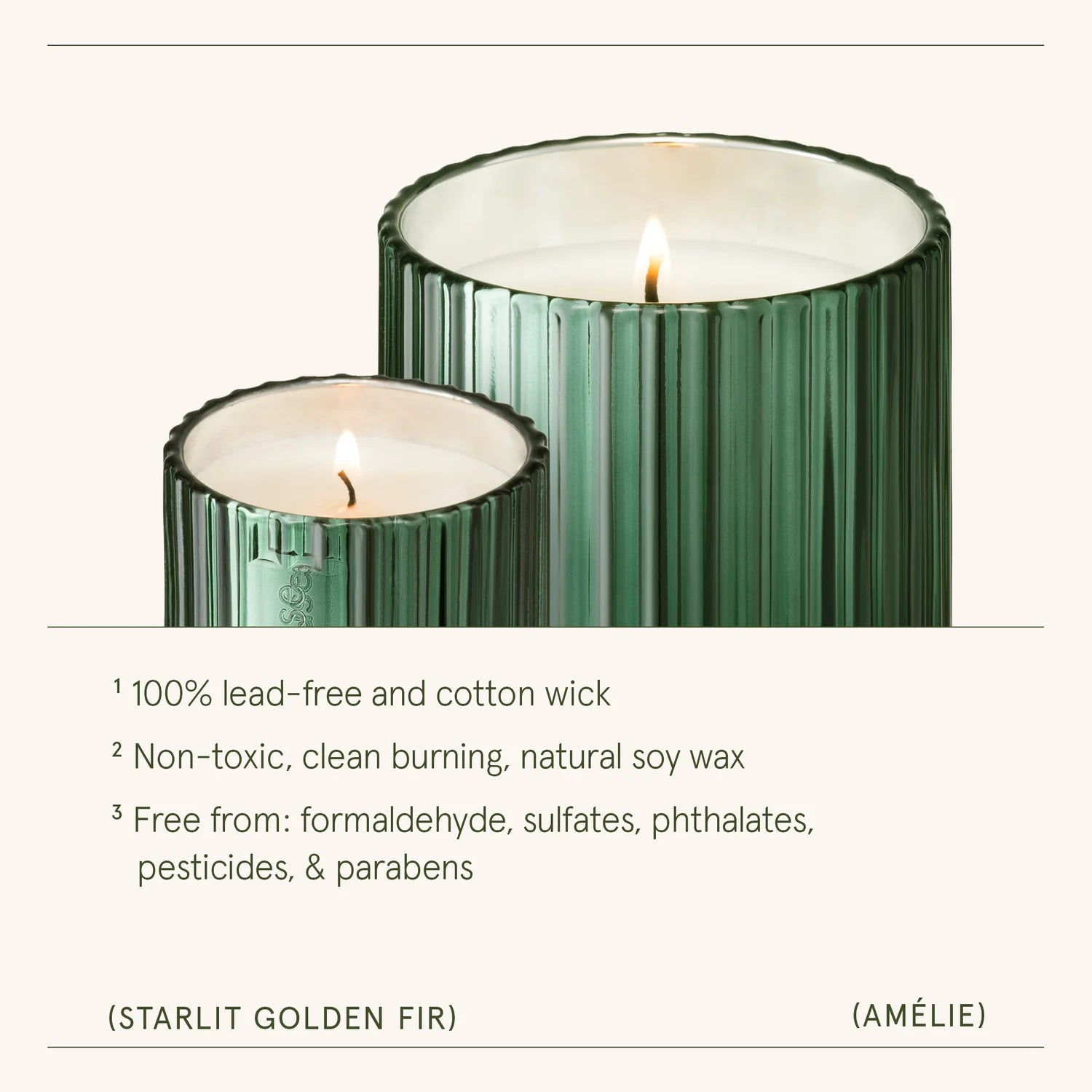 Two green candles with a white background, featuring text about candle properties.