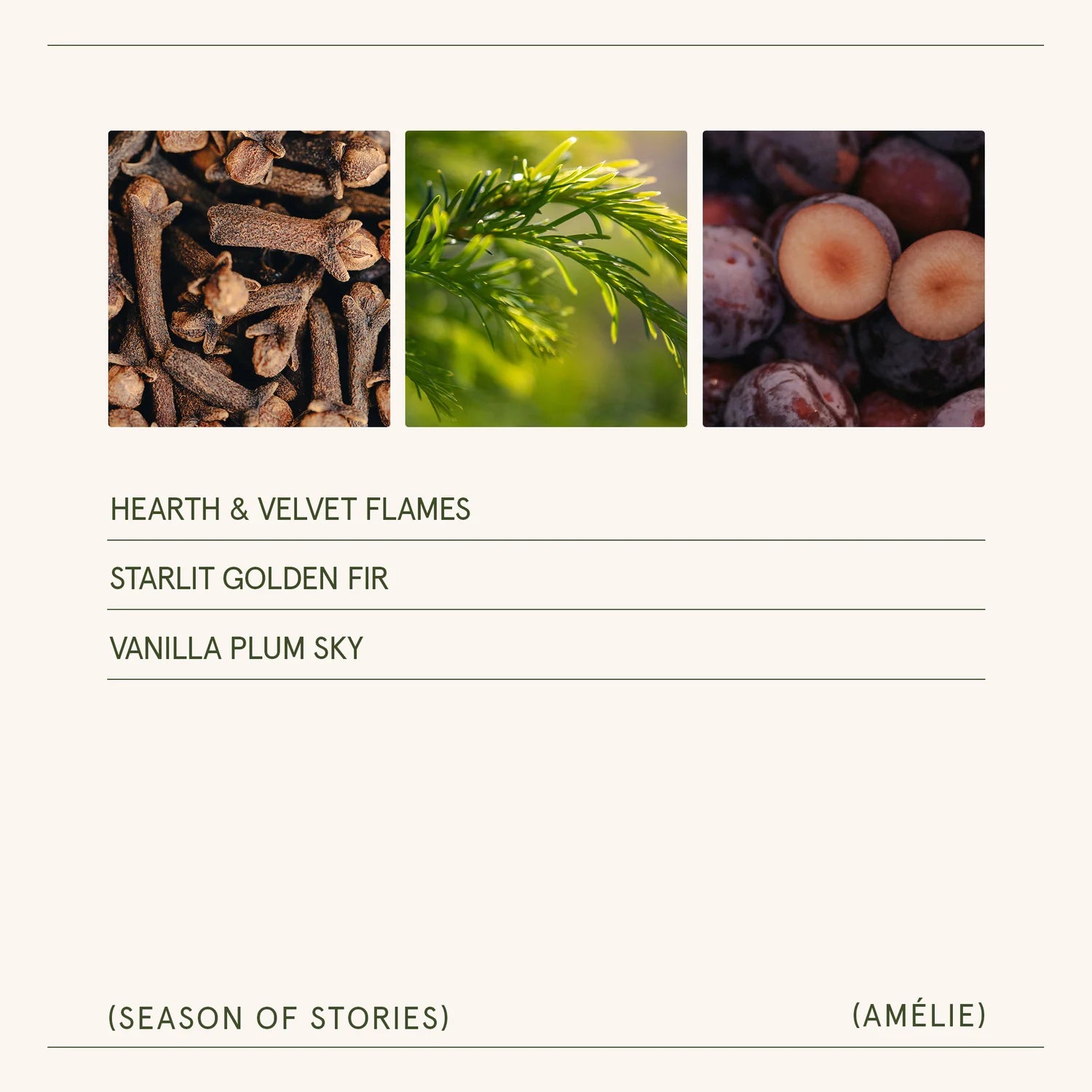 Three product images with labels 'Hearth & Velvet Flames', 'Starlit Golden Fir', and 'Vanilla Plum Sky' on a white background.