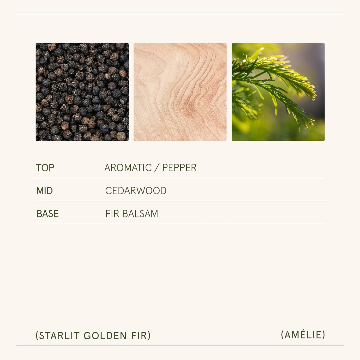 Three images of peppercorns, wood, and greenery with a label underneath.