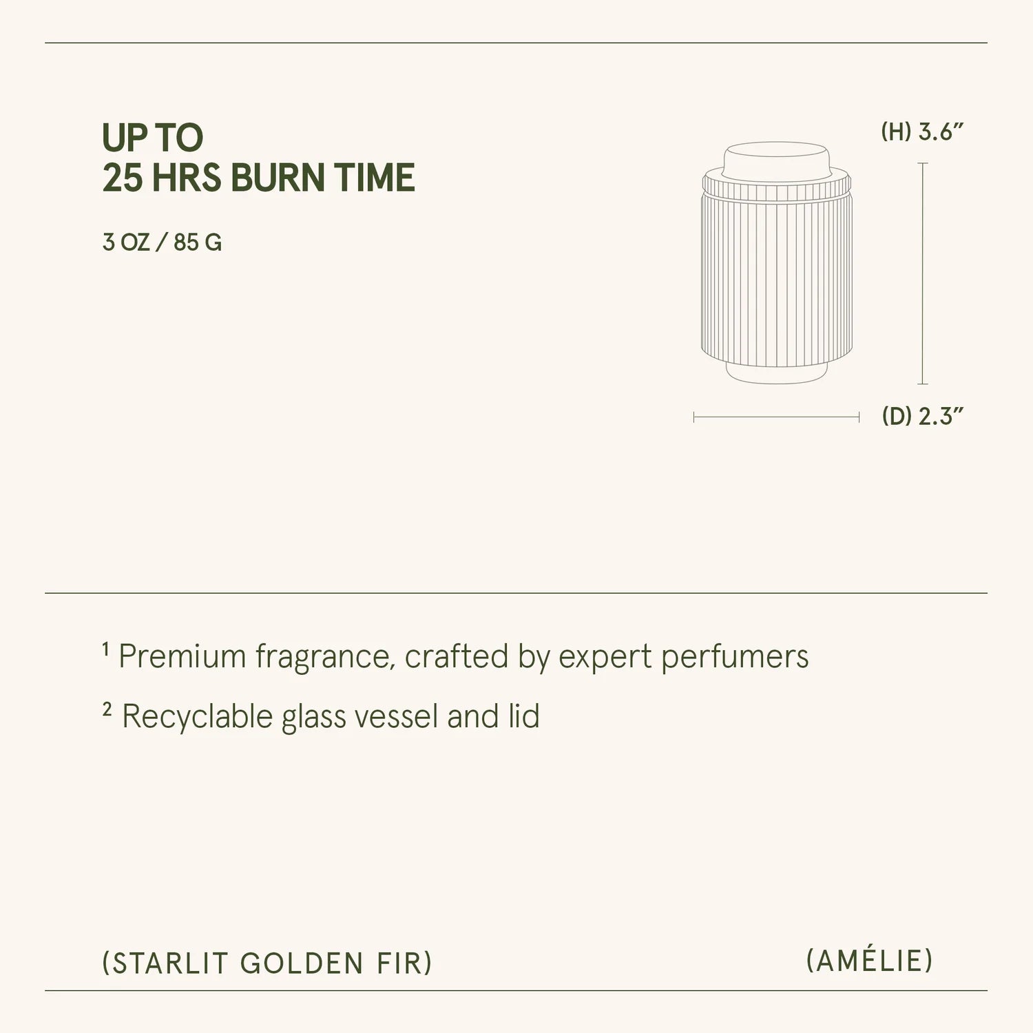 Product description card with dimensions and features of a fragrance container.