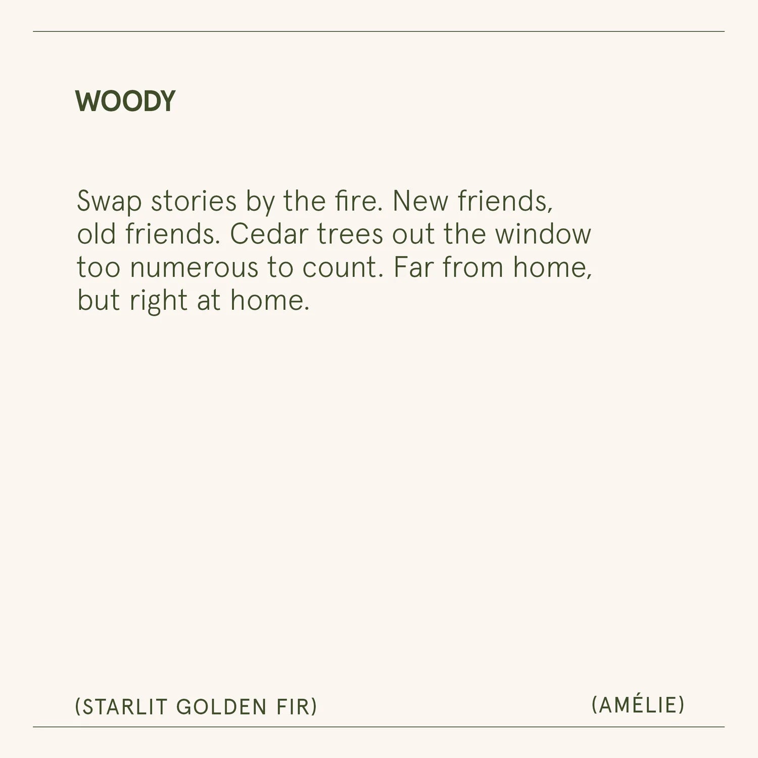 Text description of a scent named 'Woody' with a quote and brand names.