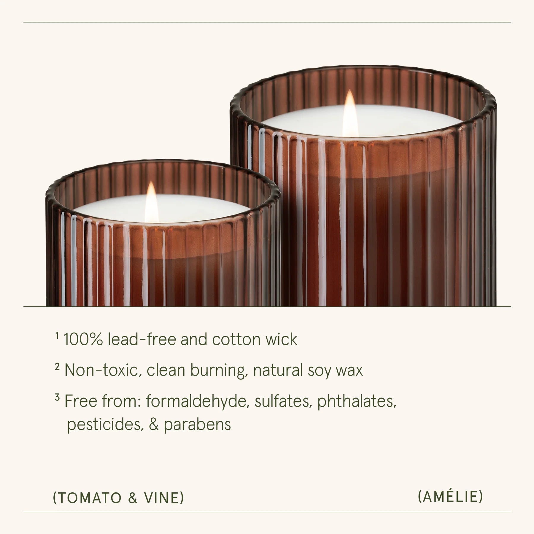 Two brown ribbed glass candles with a white wick on a light gray background.