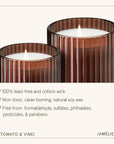Two brown ribbed glass candles with a white wick on a light gray background.