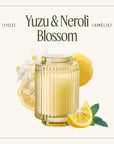 Glass of yuzu & neroli blossom drink with lemon slices and flowers on a white background