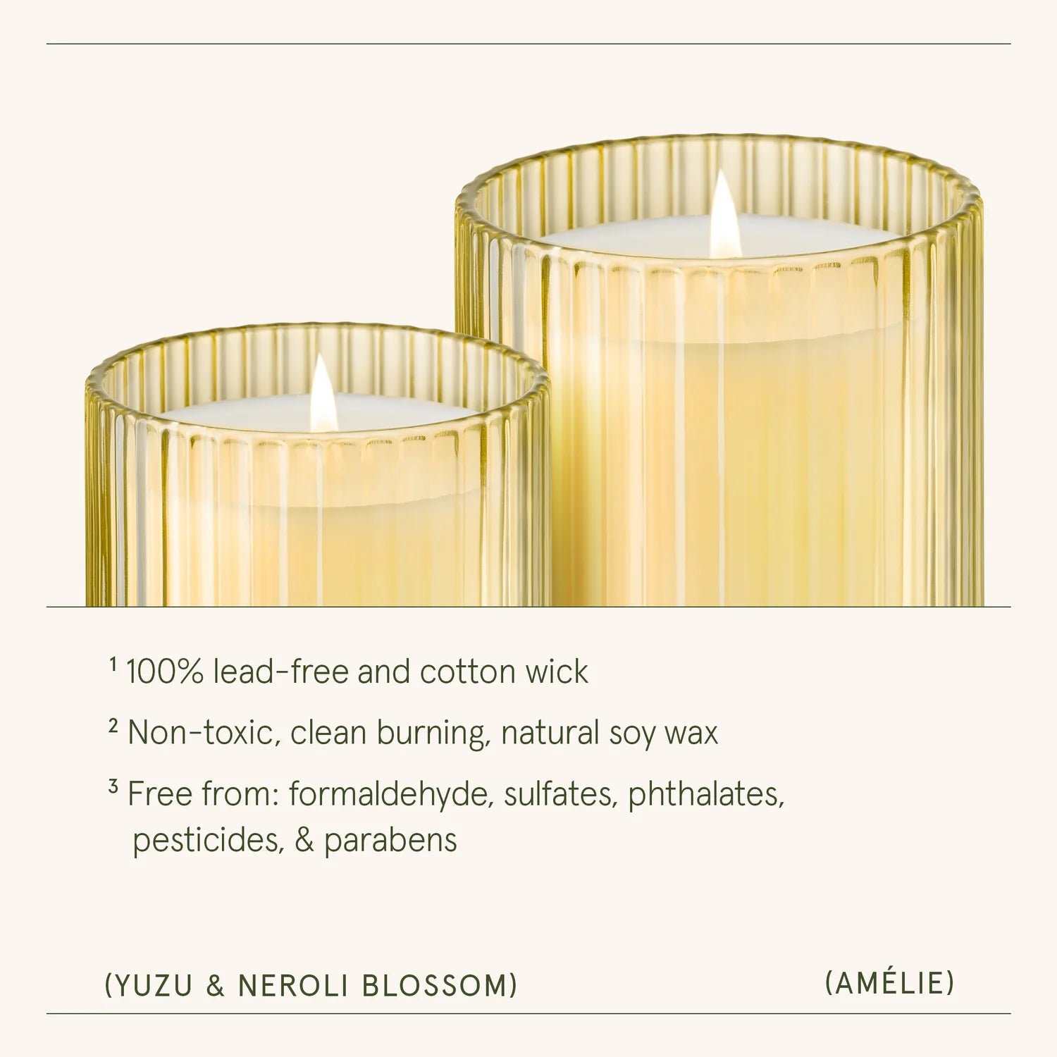 Two gold-rimmed candles with a white candle inside on a white background, featuring product details.