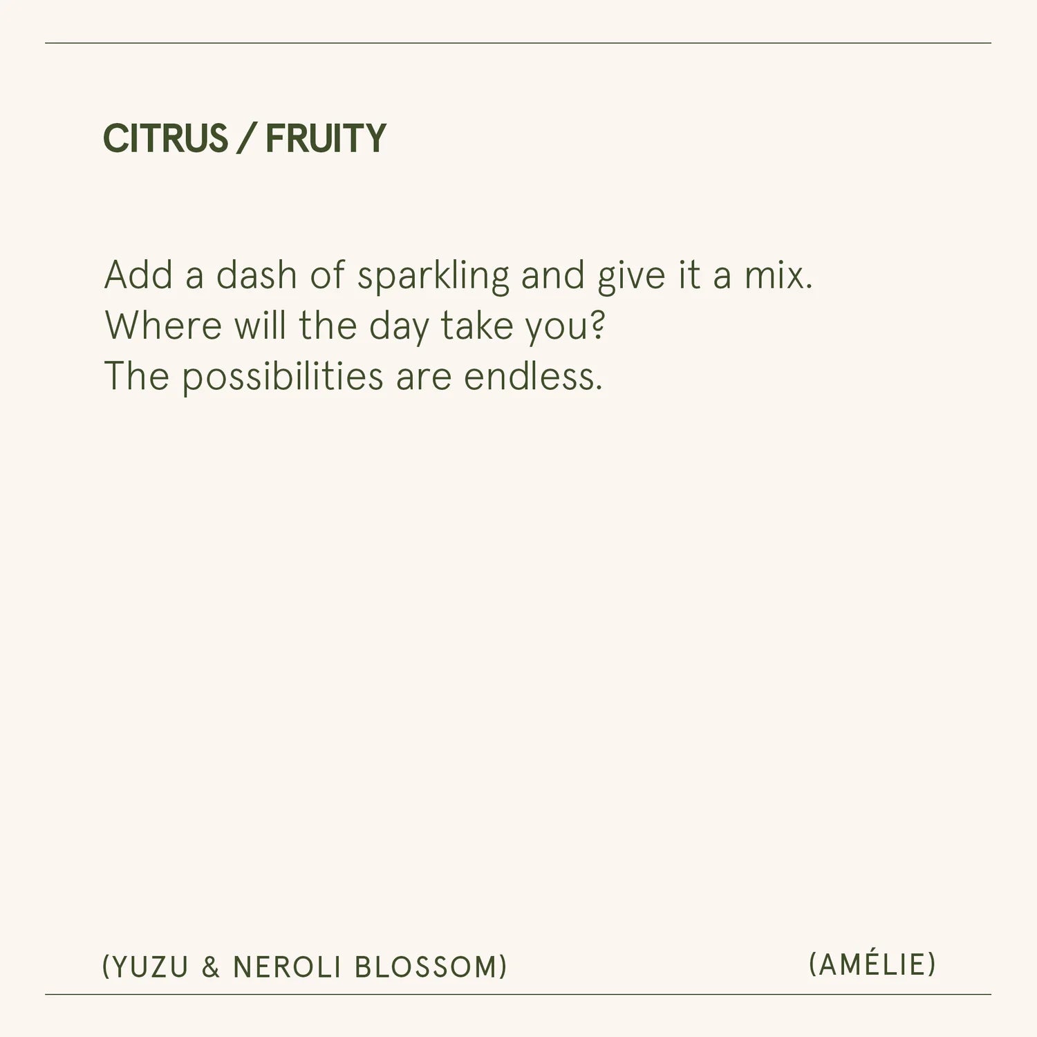 Text description of a citrus and fruity fragrance with product names below on a white background