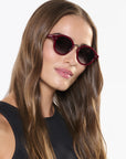 Ashton Brandy Silver Sunglasses on model with with heart face shape, close up